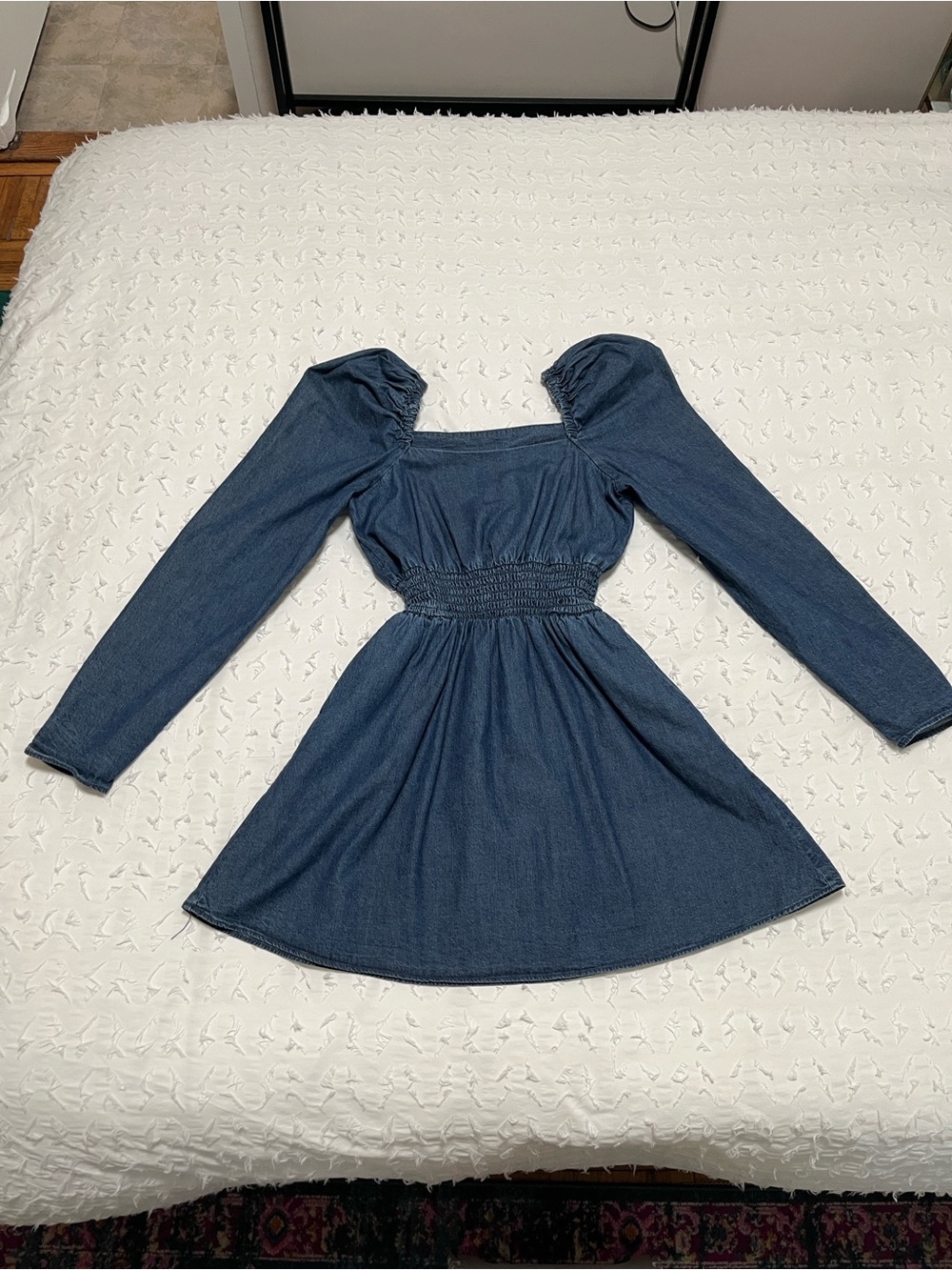 Free People Indigo Puff-Sleeve Smocked Waist Mini Dress